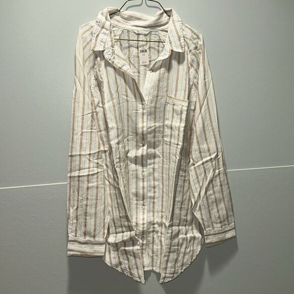 aerie XS Ivory Tan Vertical Stripe Pool-to-Party Linen Blend Cover up Shirt - Picture 14 of 17